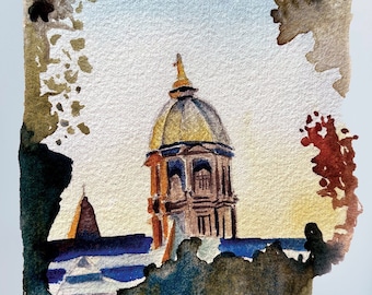 Golden Dome Early Fall Notre Dame Watercolor Art Print