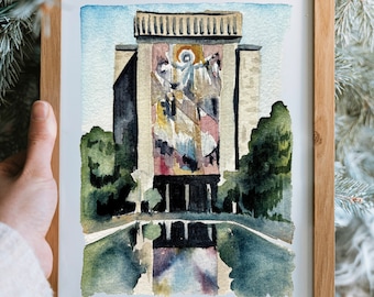 May include: Watercolor painting of a building with a large stained glass window depicting a religious scene. The building is surrounded by trees and a reflecting pool.