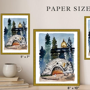 May include: A paper size guide for art prints, showing five different sizes of framed artwork with watercolor paintings of a stone archway with a golden dome in a forest setting. The sizes are 4x6 inches, 4x5 inches, 5x7 inches, 6x8 inches, and 8x10 inches.