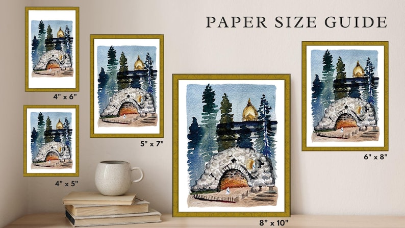 May include: A paper size guide for art prints, showing five different sizes of framed artwork with watercolor paintings of a stone archway with a golden dome in a forest setting. The sizes are 4x6 inches, 4x5 inches, 5x7 inches, 6x8 inches, and 8x10 inches.