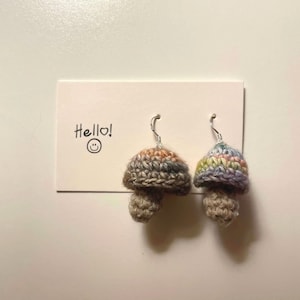 Crocheted Colorful Rainbow Small Mushroom Silver Dangle Drop Earrings