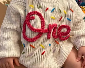 Hand-Embroidered One Sweater, One Birthday Outfit,  One Sweater Baby Boy Bear, One Sweater 1st Birthday Girl, Personalized Gifts for Newborn