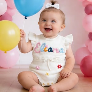 Hand Embroidered One Romper, Custom Ruffle Romper, Personalized Name Romper, Baby Girl Romper, Newborn Bubble Romper, First Birthday Gift