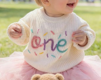 One Year Old Embroidered Sweater, First Birthday Sweater, Custom Teddy Bear Sweater, 1st Birthday Outfit,Personalized Gift for Baby Girl Boy