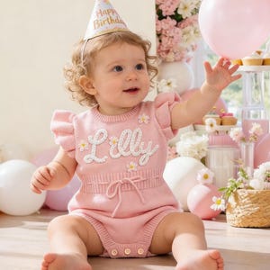 Hand Embroidered Name Baby Girl Romper, Ruffle Bubble Romper with Name, Smocked Infant Romper, Newborn Summer Girl Outfits, Custom Baby Gift