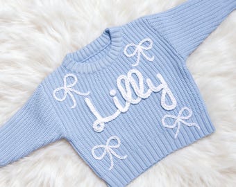 Hand Stickerei Schleife Pullover für Baby, Benutzerdefinierte Baby Name Pullover, süße Baby Mädchen Pullover, Neugeborene Pullover mit Namen, personalisierte Geschenk für Baby