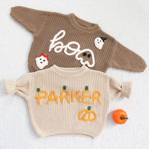 Custom Hand-Embroidered Halloween Baby Sweater, Personalized Halloween Design, Baby Holiday Outfit, Kids Halloween Costume,Baby Name Sweater