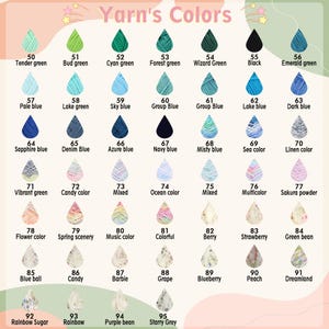 Puede incluir: Una carta de colores de hilo con nombres y n&uacute;meros. La carta incluye una variedad de colores, desde verdes y azules hasta rosas y morados. El texto "Yarn's Colors" est&aacute; en la parte superior.
