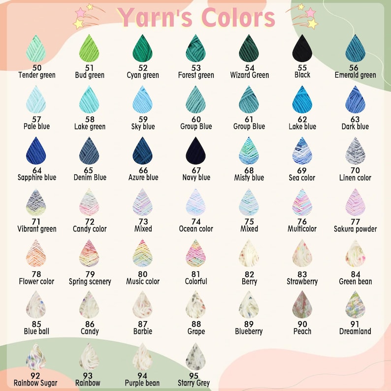 Puede incluir: Una carta de colores de hilo con nombres y n&uacute;meros. La carta incluye una variedad de colores, desde verdes y azules hasta rosas y morados. El texto "Yarn's Colors" est&aacute; en la parte superior.