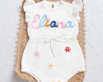Hand Embroidered Custom Romper, Ruffle Romper with Baby Name, Personalized Baby Romper, Baby Girl Name Romper, Custom Newborn Bubble Romper
