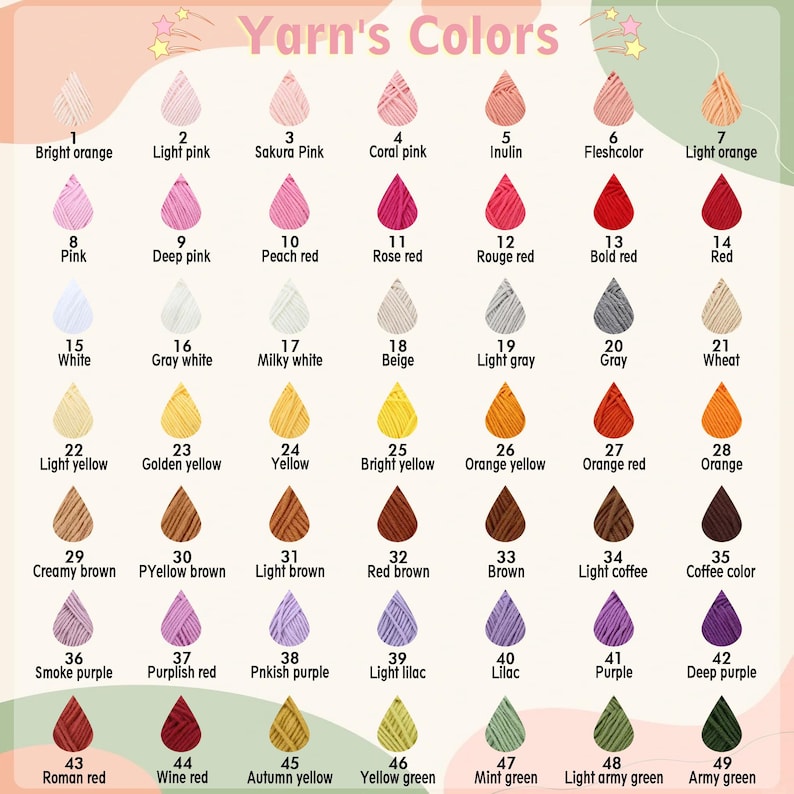 Puede incluir: Un gr&aacute;fico que muestra 49 colores de hilo diferentes con sus nombres. Los colores de hilo est&aacute;n dispuestos en filas y columnas. Los colores de hilo incluyen naranja brillante, rosa claro, rosa sakura, rosa coral, inulina, color carne, naranja claro, rosa, rosa oscuro, rojo melocot&oacute;n, rojo rosa, rojo rojo, rojo intenso, rojo, blanco, blanco gris, blanco lechoso, beige, gris claro, gris, trigo, amarillo claro, amarillo dorado, amarillo, amarillo brillante, amarillo naranja, rojo naranja, naranja, marr&oacute;n crema, marr&oacute;n amarillo, marr&oacute;n claro, marr&oacute;n rojo, marr&oacute;n, caf&eacute; claro, color caf&eacute;, morado humo, rojo p&uacute;rpura, p&uacute;rpura rosado, lila claro, lila, morado, morado oscuro, rojo romano, rojo vino, amarillo oto&ntilde;o, verde amarillo, verde menta, verde ej&eacute;rcito claro y verde ej&eacute;rcito.