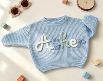 Embroidered Baby Name Sweater, Personalized Newborn Outfit, Custom Knit Name Sweater, Personalised Gift for Baby, First Birthday Gift