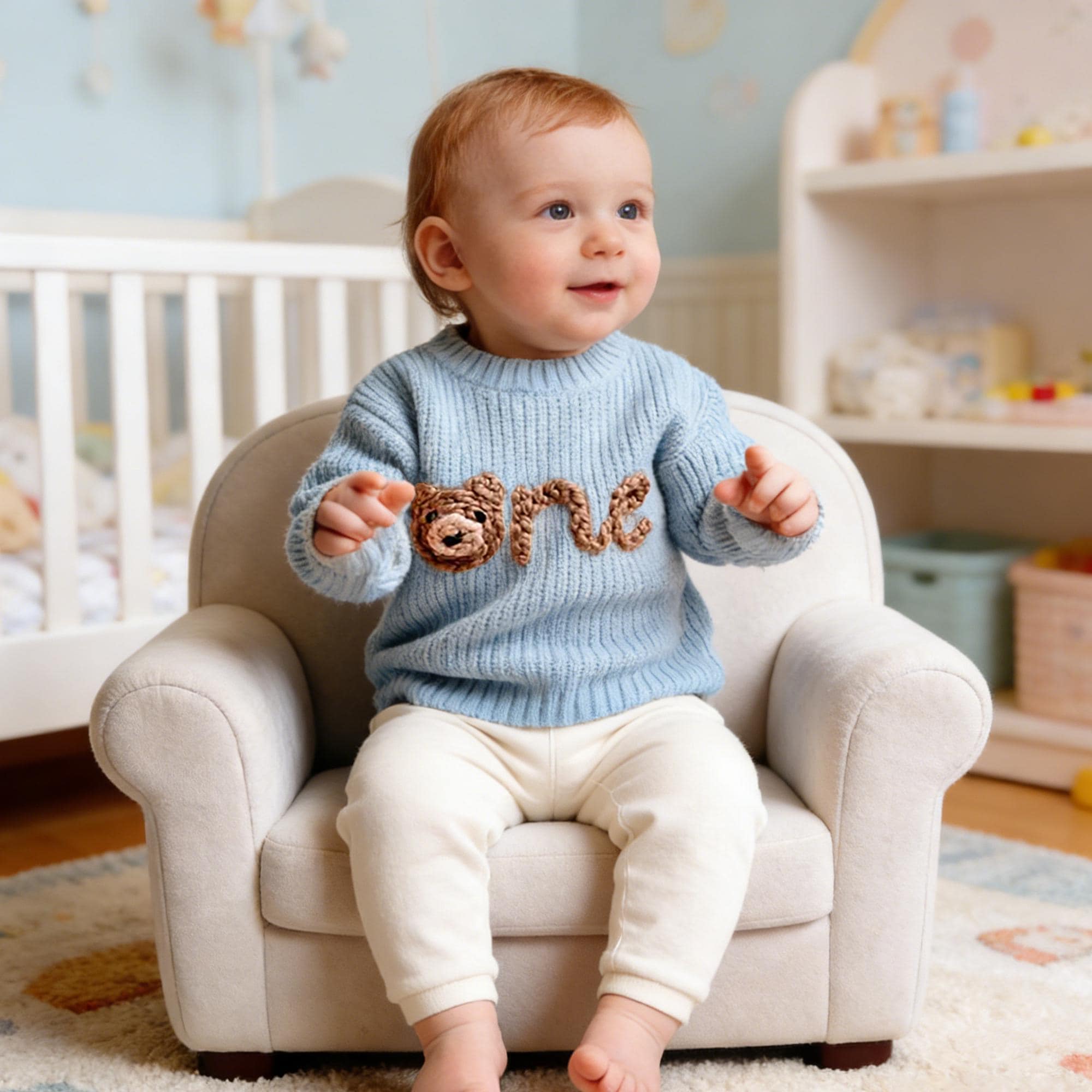 Custom Name Baby Sweater, Teddy Bear Sweater, One Sweater with Sprinkles, Knitted Toddler Jumper, Baby First Outfit, 1st Birthday Gift