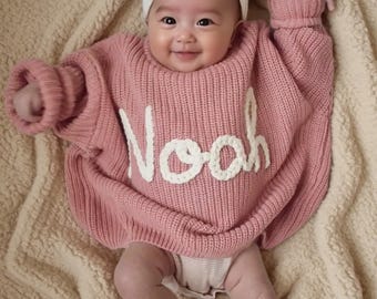 Personalisierter Baby Pullover, bestickter Strickname Kleinkind Pullover, Benutzerdefinierter Baby Pullover, erster Geburtstag Outfit, Baby Coming Home Outfit