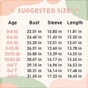 Puede incluir: Una tabla de tallas para ropa de ni&ntilde;os, con el texto "SUGGESTED SIZE". Muestra rangos de edad de 0-3 meses a 4-5 a&ntilde;os, con medidas de busto, manga y largo en pulgadas (convertidas a cm).