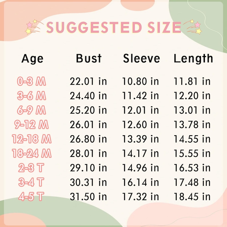 Puede incluir: Una tabla de tallas para ropa de ni&ntilde;os, con el texto "SUGGESTED SIZE". Muestra rangos de edad de 0-3 meses a 4-5 a&ntilde;os, con medidas de busto, manga y largo en pulgadas (convertidas a cm).