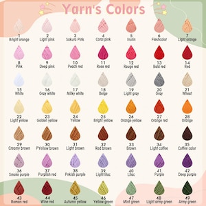 Puede incluir: Una carta de colores de madejas de hilo, cada una etiquetada con un n&uacute;mero y un nombre de color. Los colores van desde el naranja brillante hasta el p&uacute;rpura intenso, incluyendo rosas, rojos, amarillos, marrones y verdes. El texto "Yarn's Colors" est&aacute; en la parte superior.