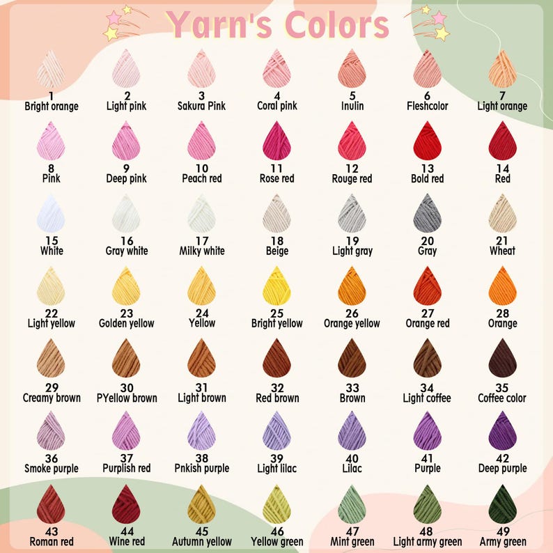 Puede incluir: Una carta de colores de madejas de hilo, cada una etiquetada con un n&uacute;mero y un nombre de color. Los colores van desde el naranja brillante hasta el p&uacute;rpura intenso, incluyendo rosas, rojos, amarillos, marrones y verdes. El texto "Yarn's Colors" est&aacute; en la parte superior.