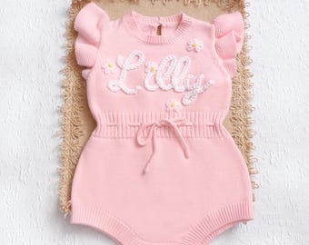 Hand Embroidered Name Baby Girl Romper, Ruffle Bubble Romper with Name, Smocked Infant Romper, Newborn Summer Girl Outfits, Custom Baby Gift