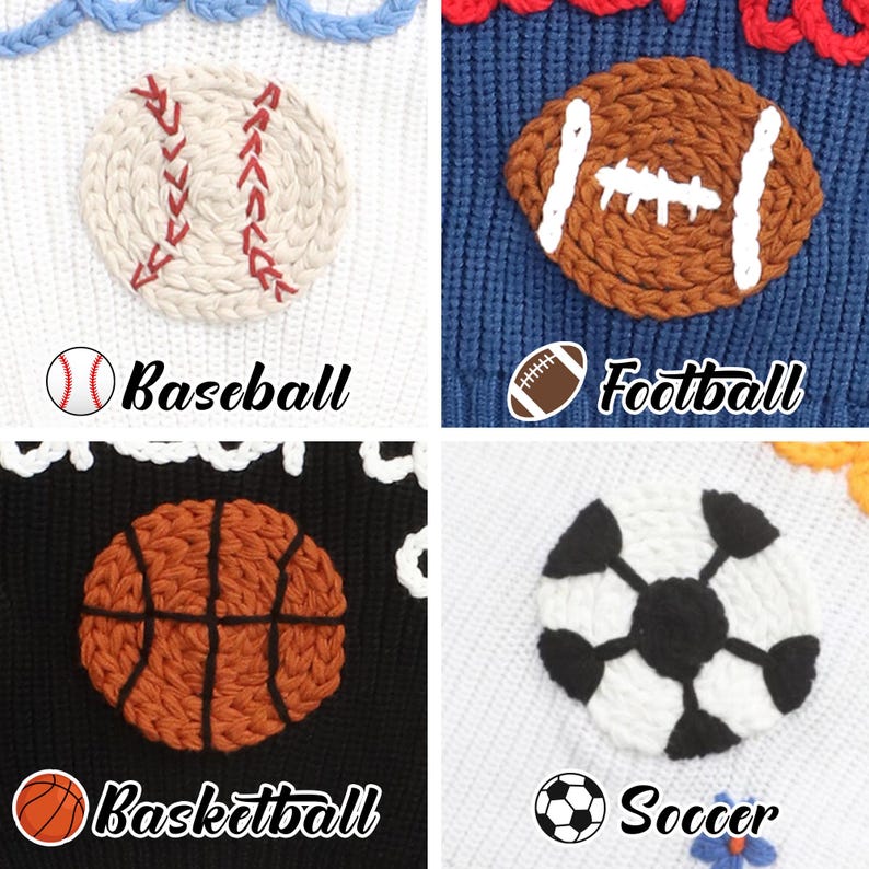 Puede incluir: Cuatro dise&ntilde;os bordados de balones deportivos: b&eacute;isbol, f&uacute;tbol americano, baloncesto y f&uacute;tbol. Cada dise&ntilde;o est&aacute; sobre un fondo de diferente color. Las palabras "Baseball", "Football", "Basketball" y "Soccer" est&aacute;n escritas debajo de cada bal&oacute;n.
