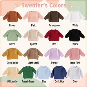 Puede incluir: Una exhibici&oacute;n de su&eacute;teres de varios colores, incluyendo marr&oacute;n, rosa, verde militar, blanco, verde, albaricoque, rojo, negro, beige oscuro, caqui claro, morado, rosa rosa, blanco leche, verde bosque, azul, azul oscuro y gris. El texto "Sweater's Colors" est&aacute; en la parte superior.