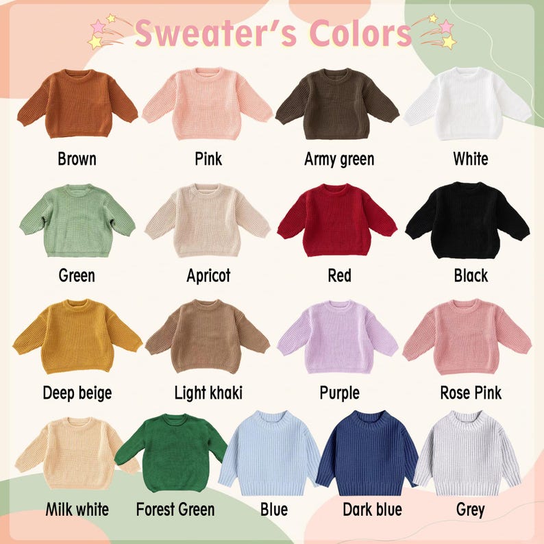 Puede incluir: Una exhibici&oacute;n de su&eacute;teres de varios colores, incluyendo marr&oacute;n, rosa, verde militar, blanco, verde, albaricoque, rojo, negro, beige oscuro, caqui claro, morado, rosa rosa, blanco leche, verde bosque, azul, azul oscuro y gris. El texto "Sweater's Colors" est&aacute; en la parte superior.