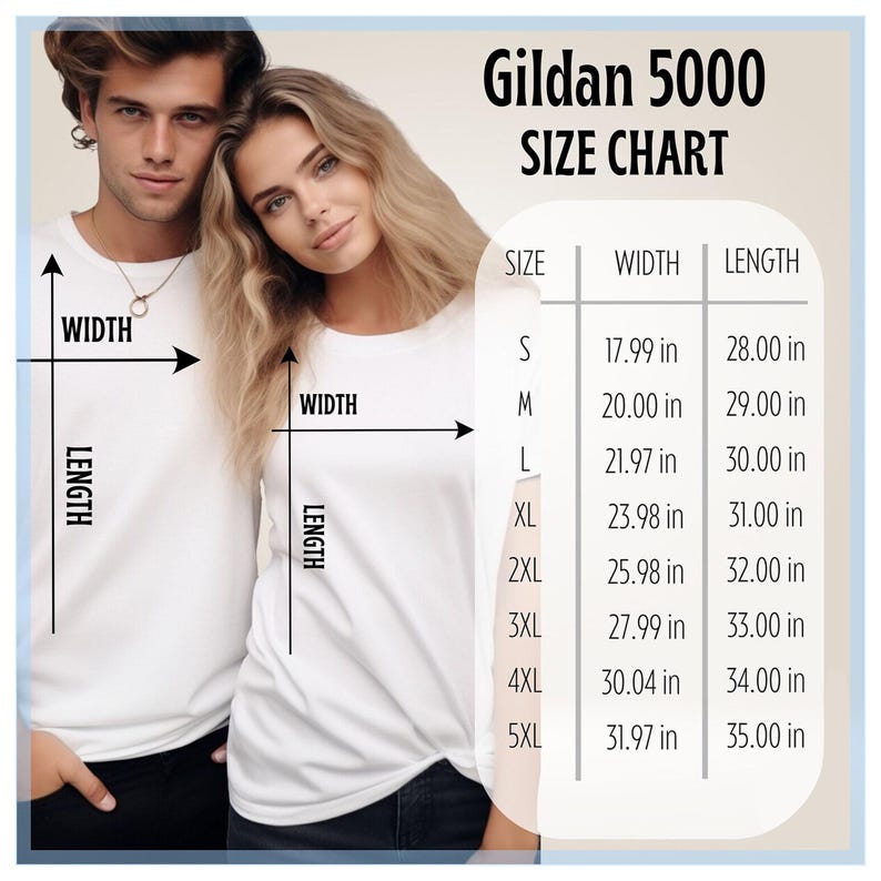 Puede incluir: Tabla de tallas Gildan 5000 con medidas en pulgadas. La tabla incluye tallas de la S a la 5XL, con las medidas correspondientes de ancho y largo. Dos personas visten camisetas blancas de cuello redondo. Las palabras "ANCHO" y "LARGO" est&aacute;n etiquetadas con flechas.