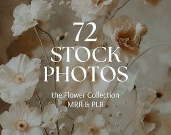 May include: A close-up of a bouquet of white and cream-colored flowers with the text "72 STOCK PHOTOS the Flower Collection MRR & PLR" superimposed on the image.
