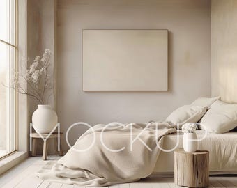Maqueta de lienzo horizontal para arte de pared, maqueta de lienzo de 7x5, maqueta de impresión artística PSD, maqueta de lienzo minimalista, maqueta de plantilla Canva para dormitorio