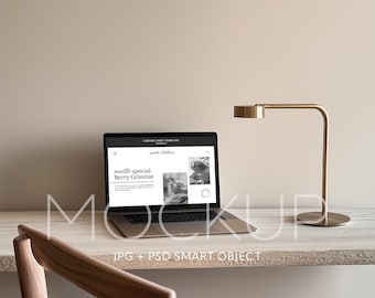 Maqueta de portátil PSD Maqueta de MacBook Maqueta de dispositivo Apple Maqueta minimalista Maqueta de dispositivo de pantalla Maqueta estética de MacBook en casa