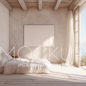 May include: A light and spacious bedroom mockup with a bed, pillows, and a large blank canvas on the wall. The room has a neutral colour scheme, wooden beams, and large windows with a sea view. The text "MOCKUP JPG & PSD SMART OBJECTS" is visible.
