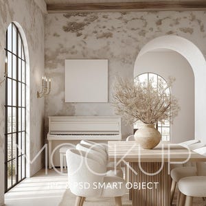 May include: An interior design mockup featuring a dining room with a light wood table and chairs. A white piano and a large window are visible. The walls are textured with a neutral color palette. The text "MOCKUP JPG & PSD SMART OBJECT" is visible.