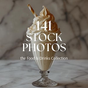 May include: A tall glass of milkshake with whipped cream and a straw. The milkshake is topped with a sprinkle of cinnamon. The text "141 STOCK PHOTOS the Food & Drinks Collection" is displayed on the image.