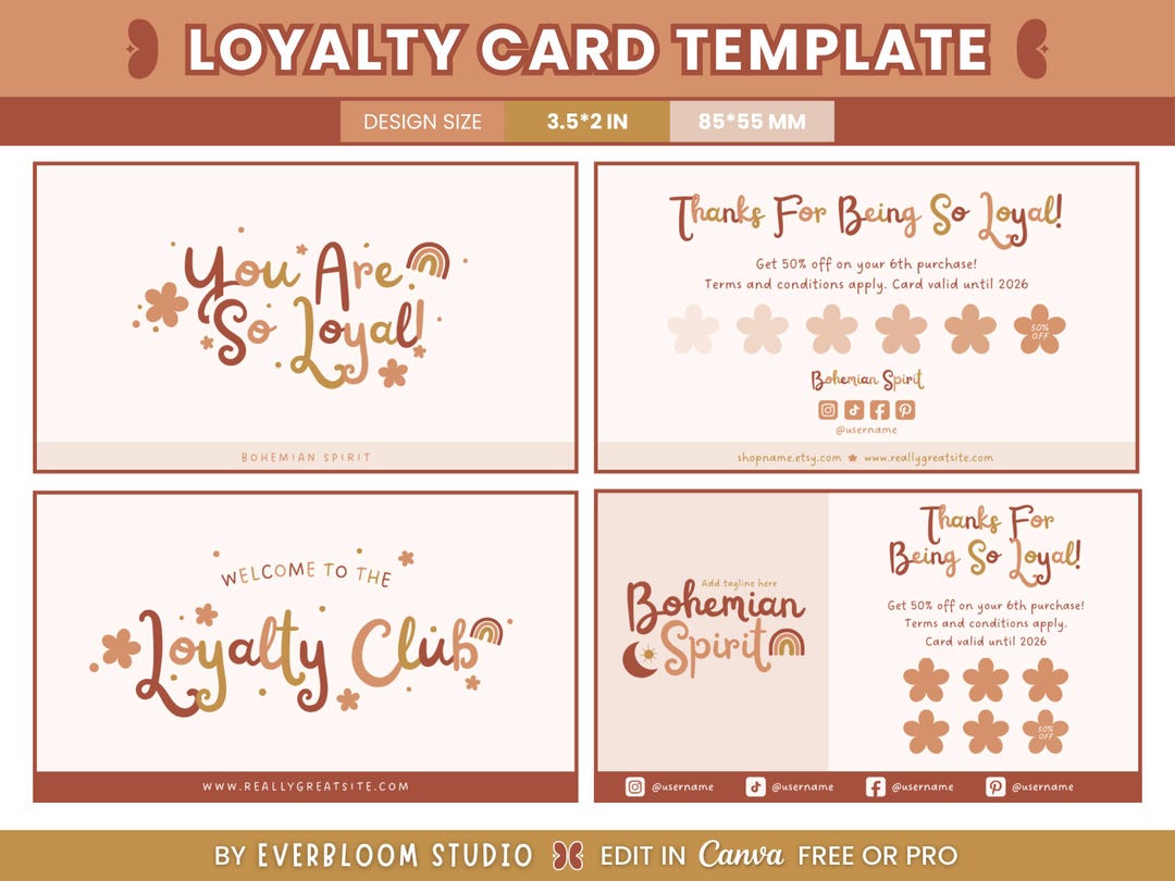 Editable Canva Loyalty Card Template - DIY Boho, Bohemian, Earthy Tone ...