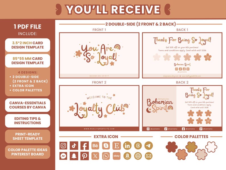 Editable Canva Loyalty Card Template - DIY Boho, Bohemian, Earthy Tone ...