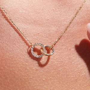 14K Gold Two Circle Necklace | Interlocking Ring Necklace | Diamond Eternity Necklace | Interwined Pendant Necklace | Anniversary Gift