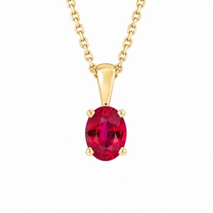 Lab-Grown Ruby Oval Necklace, 14K Yellow Gold, Four-Prong Solitaire (16-18 Inch Chain)