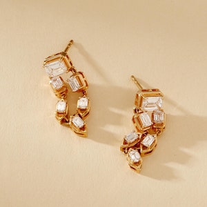 Smaragd Schnitt Labradorit Diamant Ohrringe in 585 Gold | Smaragdförmige baumeln Ohrringe | Hochzeitsschmuck für die Braut | Geschenk für sie