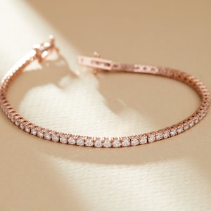 Delicate 3.00 Ct Tennis Bracelet in 14k Rose Gold, Box clasp Setting, 14k Gold bracelet, Lab Diamond Bracelets For Women, Proposal Gift