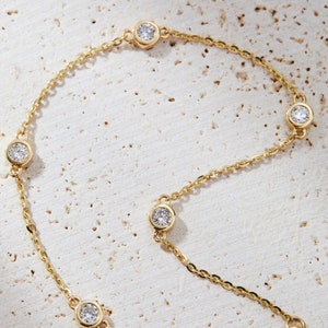 Gold Diamond Station Bracelet with Lab Grown Diamonds - Dainty 14k Gold Chain - Bezel set Diamond Bracelets