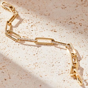 14k Gold Paperclip Link Bracelet | Dainty Diamond Accent Chain Bracelet | Minimalist Gold Bracelet For Women | Stackable Jewelry Gift