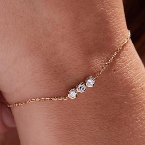 Dainty 14K Gold Bezel Set Lab Diamond Bracelet | Minimalist Fine Jewelry | Trio Stone Bracelet | Everyday Bracelets For Women | Gift For Her