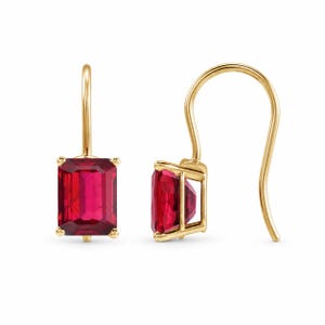 Lab-Grown Ruby Drop Earrings, Emerald Cut Bishop Hooks, 14K Gold Platinum or Sterling Silver, 8x6 or 9x7 mm Pair