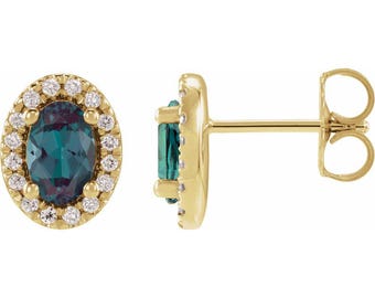 14K Yellow Gold Lab-Grown Alexandrite & 1/8 CTW Lab-Grown Diamond French-Set Halo-Style Earrings