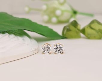 2CT Round Lab Grown Diamond Stud Earrings: 14k Yellow Gold