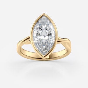 3ct Marquise Cut Bezel Set Ring in 14k Yellow Gold, Twisted Shank Wedding Ring, Lab Grown Diamond Engagement Ring | Modern Bridal Jewelry