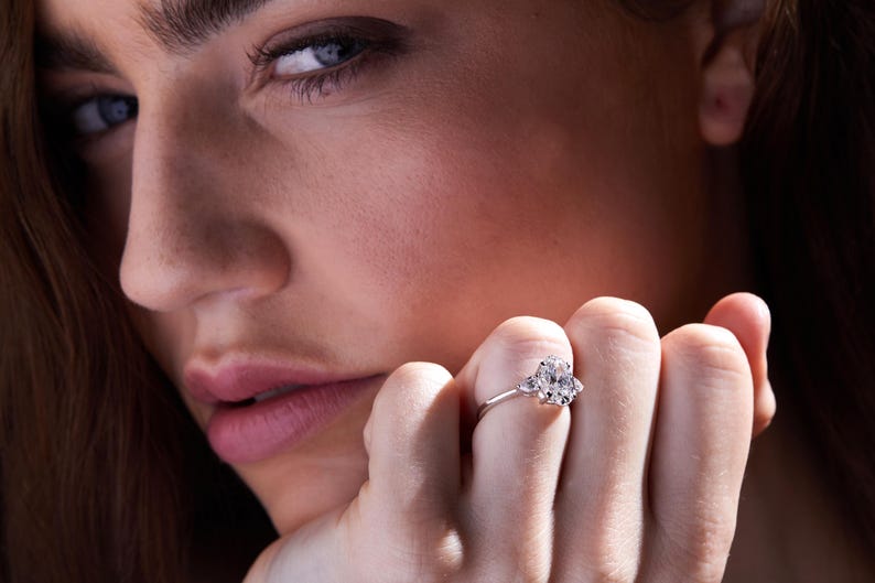 2.00 Carat Oval Shape Lab-Grown Diamond Engagement Ring with Side Pear Shape Stones in 14k Gold, F Color, VS1 Clarity, IGI Certified