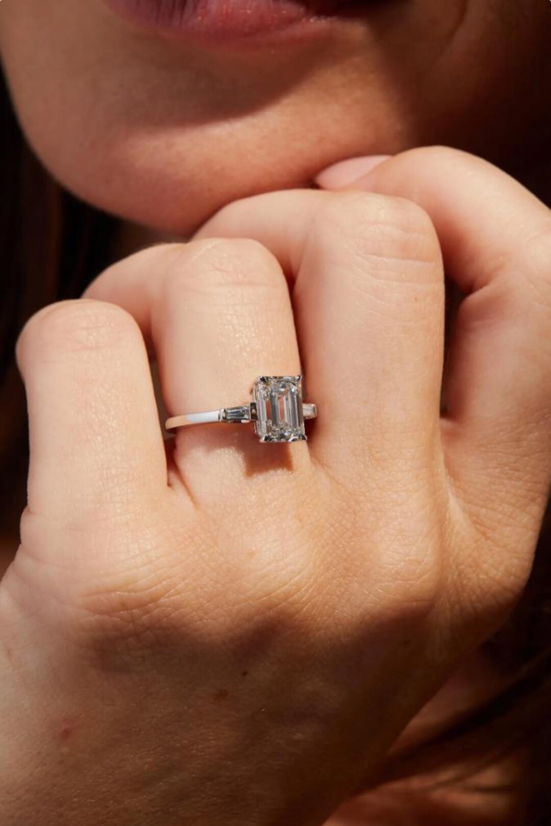 Emerald Cut Lab Diamond Engagement Ring: 14K White Gold, Three Stone - Etsy