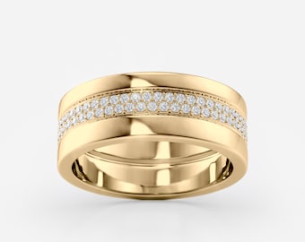 Lab Grown Diamond Pave Wedding Band: Wide 14k Gold Anniversary Ring