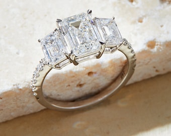 Emerald Cut Lab-Grown Diamond Engagement Ring: 14K White Gold, Three Stone